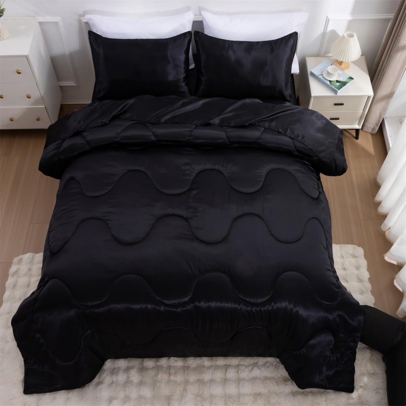 A Nice Night Satin Silky Soft Quilt Luxury Super Soft Microfiber Bedding Comforter Set, Light Weighted (Black, Twin) - Image 4